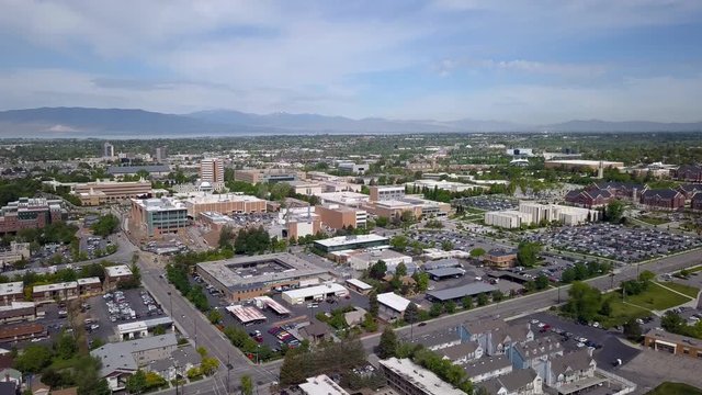 Rising view tilting down near BYU campus in Provo, Utah.