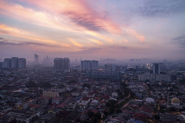 Aerial shot at sunrise of Petaling Jaya, suburb of Kuala Lumpur, Malaysia