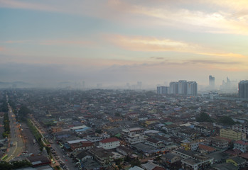 Aerial shot at sunrise of Petaling Jaya, suburb of Kuala Lumpur, Malaysia