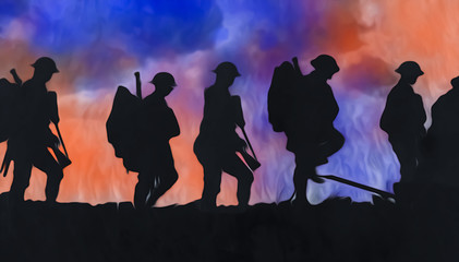 Outline of WWI soldiers walking over colourful blasts - obrazy, fototapety, plakaty