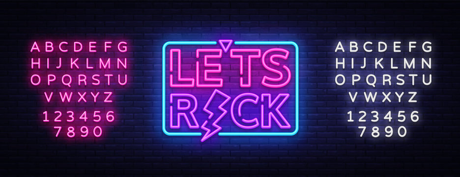 Lets Rock Vector Neon. Rock Music Neon Sign, Bright Night Sign, Light Banner, Neon Night Live Music Promotion, Nightlife Vector. Editing text neon sign