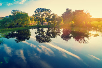Early morning, wilderness. Aerial view of countryside and river