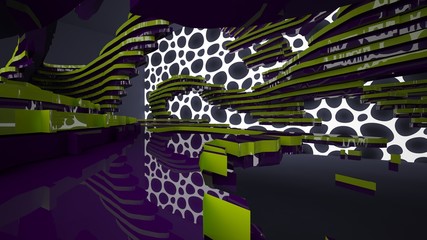 Abstract interior of the future in a minimalist style with colored sculpture. Night view from the backligh. Architectural background. 3D illustration and rendering