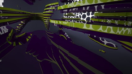 Abstract interior of the future in a minimalist style with colored sculpture. Night view from the backligh. Architectural background. 3D illustration and rendering