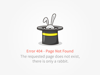 Error 404 page with a little rabbit with a hat vector design. Website 404 page creative concept. 404 web page error creative design. Modern 404 page not found concept.