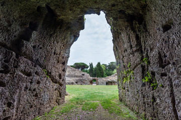 Sutri in Lazio, Italy. The rock-hewn amphitheatre of the Roman period