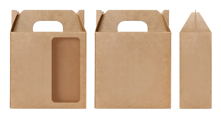 Box brown window shape cut out Packaging template, Empty kraft Box Cardboard isolated white background, Boxes Paper kraft natural material, Gift Box Brown Paper from Industrial Packaging carton