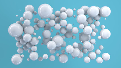 White spheres of random size on blue background