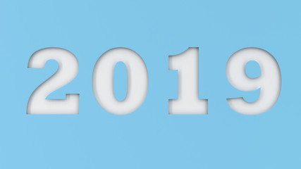 White 2019 number cut in blue paper