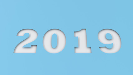 White 2019 number cut in blue paper