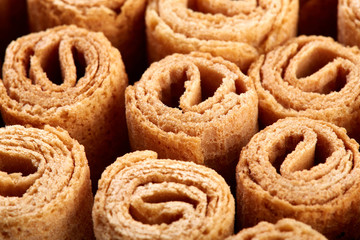 Wafer rolls. Sweet tube wafer isolated on white background. Dessert.