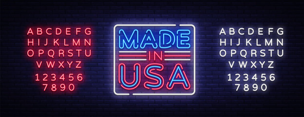 Made in USA neon vector sign. Made in USA symbol banner light, bright night Illustration. Vector illustration. Editing text neon sign