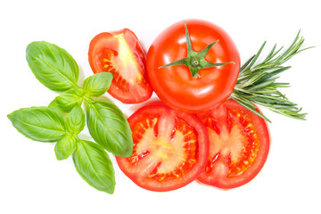 Tomaten mit Basilikum Gemüse von oben freigestellt Freisteller isoliert