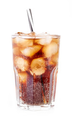 Cola in glass with straw and ice cubes isolated on white background. Soda with bubbles isolated on white. Refreshing non-alcoholic drink