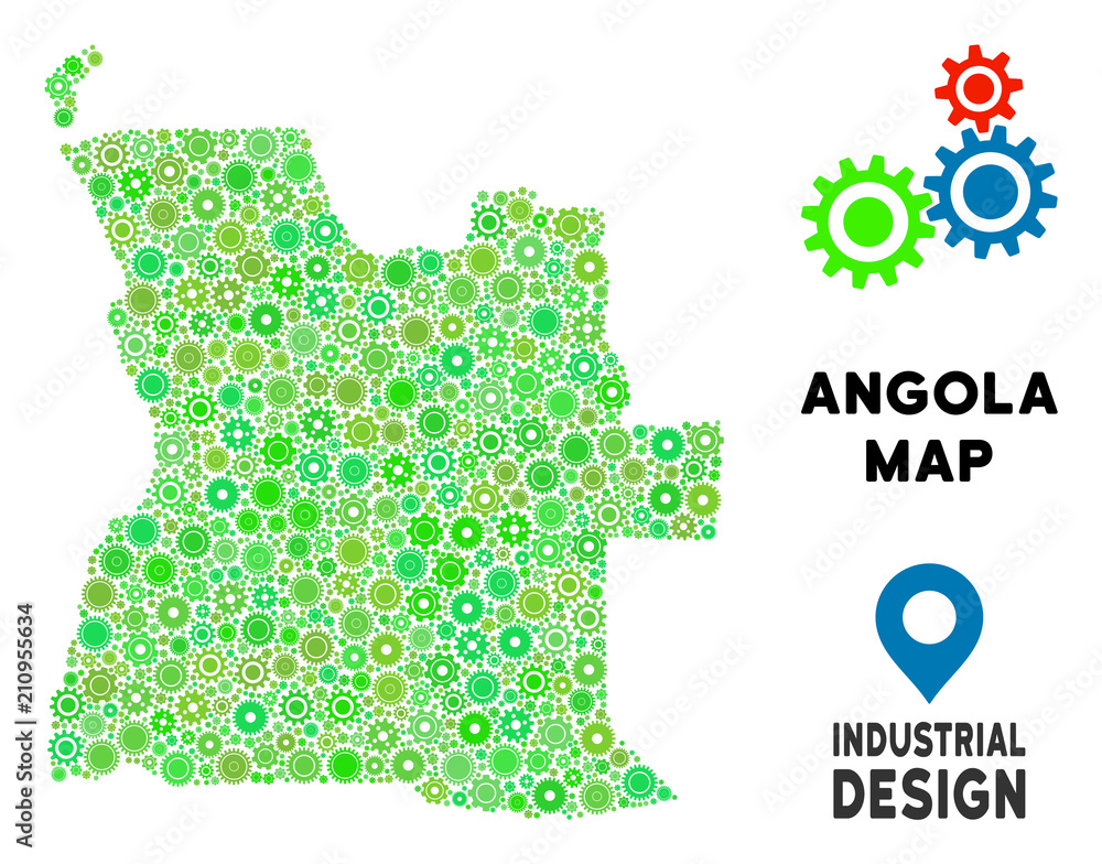 Poster gear angola map composition of small gearwheels. abstract territory scheme in green color tones. vec
