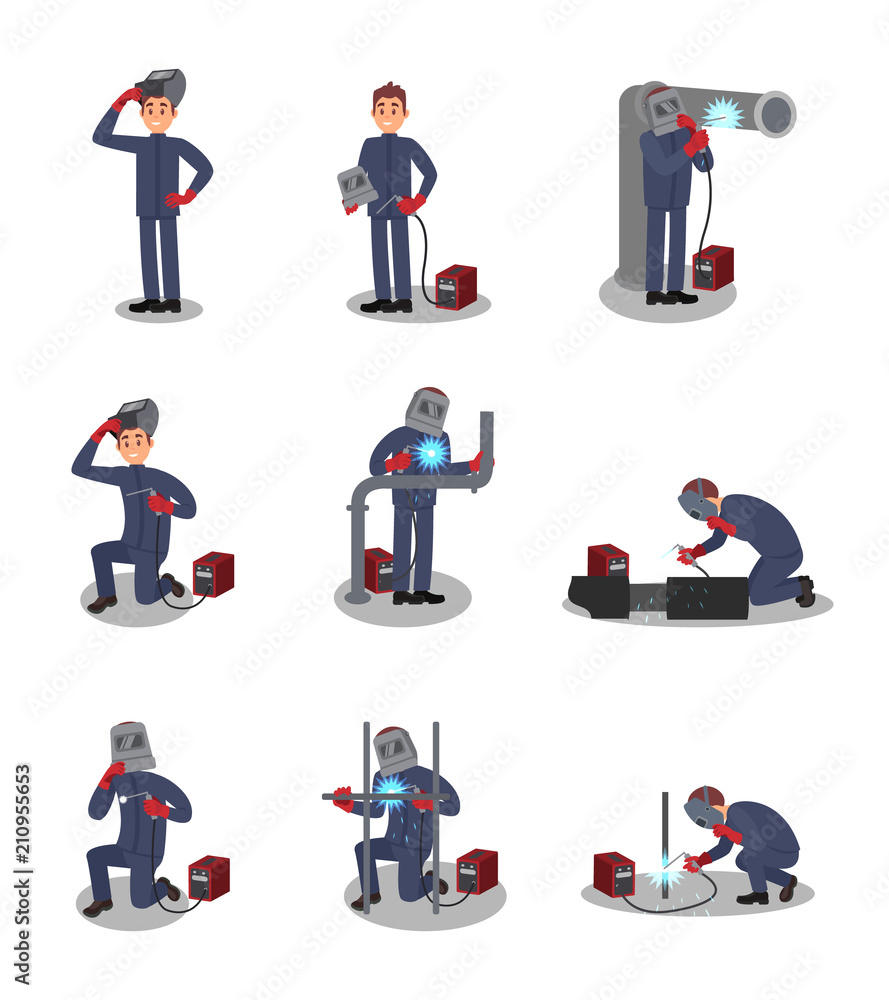 Poster flat vector set with welder in different actions. professional at work. young worker in protective o