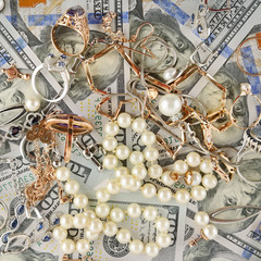 Paper Money and Jewelry. Flat lay, top view.