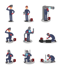 Flat vector set with welder in different actions. Professional at work. Young worker in protective outfit. Man using welding machine