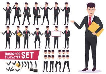Business characters vector set with professional male office worker wearing corporate black suit and have  pose and gestures for presentation in white background. Vector illustration.
