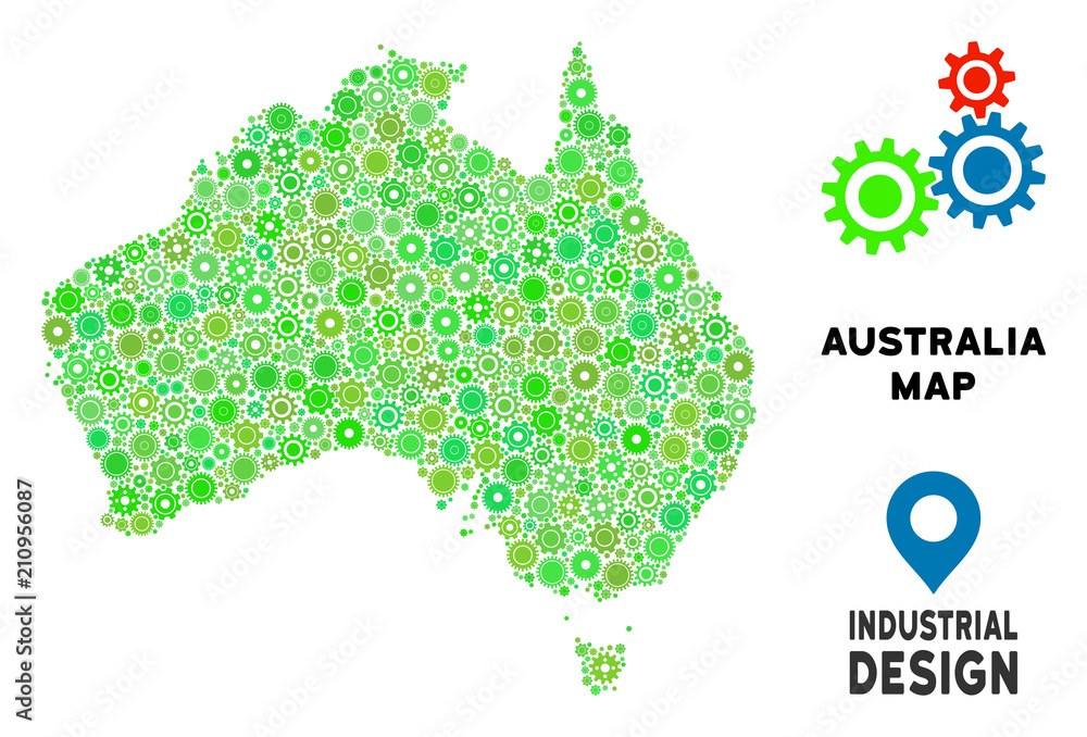 Poster gear australia map composition of small wheels. abstract territory scheme in green color tinges. vec
