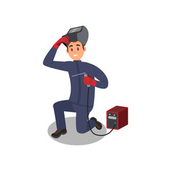 Smiling guy working with welding machine. Young man in protective equipment. Professional at work. Flat vector design