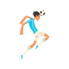 Soccer player in white and blue uniform heading soccer ball, vector Illustration on a white background