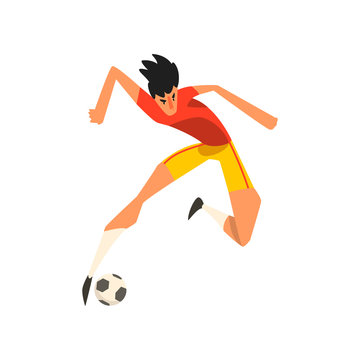 Soccer player jumping touch a soccer ball in the air vector Illustration on a white background