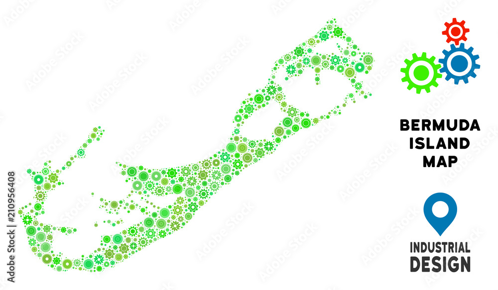 Poster gear bermuda island map composition of small wheels. abstract geographic scheme in green color tints