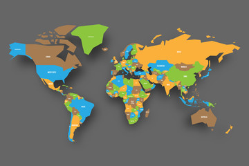 Political map of World in four colors of national countries and labels. Dropped shadow on dark grey background. Vector illustration.