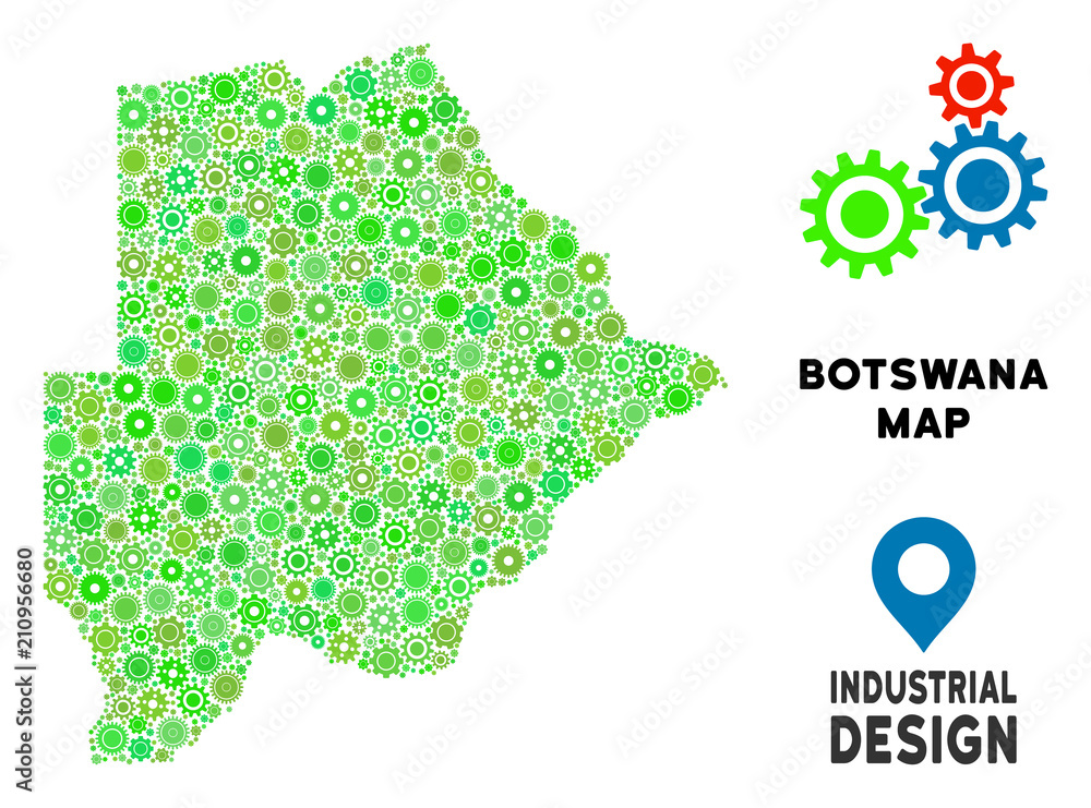 Poster gear botswana map composition of small wheels. abstract geographic plan in green color tints. vector