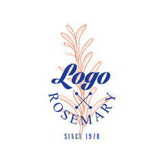 Rosemary logo since 1978, culinary spicy herb retro emblem vector Illustration on a white background