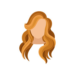 Flat vector icon of woman s head with long curly brown hair. Trendy haircut. Fashionable female hairstyle