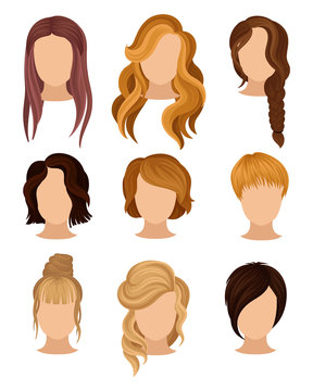 Flat vector set of women s heads with various trendy hairstyles. Long and short haircuts. Elements for poster of hairdressing salon