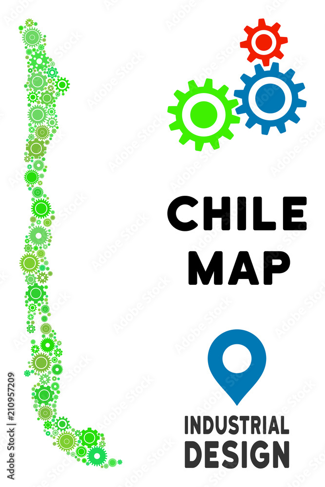 Poster gear chile map mosaic of small cogwheels. abstract geographic scheme in green color tints. vector ch
