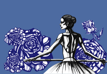 Awesome Ballerina and roses. Hand drawn ink illustration. Artist creative painting background