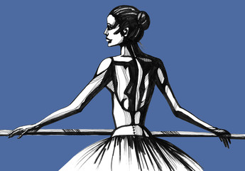 Ballerina. Hand drawn ink illustration. Artist creative painting background