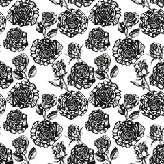 Awesome rose flowers. Hand drawn ink illustration. Wallpaper or fabric design.