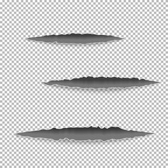 Claws scratches on paper with ripped edges with shadow on transparent background. Graphic concept for your design