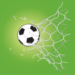 Football breaking through the net of the goal.