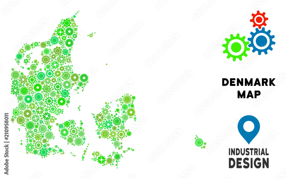 Poster gear denmark map composition of small gearwheels. abstract territory plan in green color tones. vect