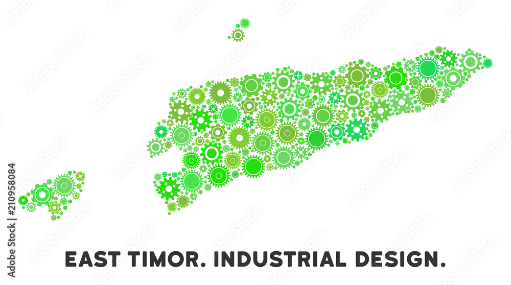Poster gear east timor map collage of small cogs. abstract territorial plan in green color tints. vector ea