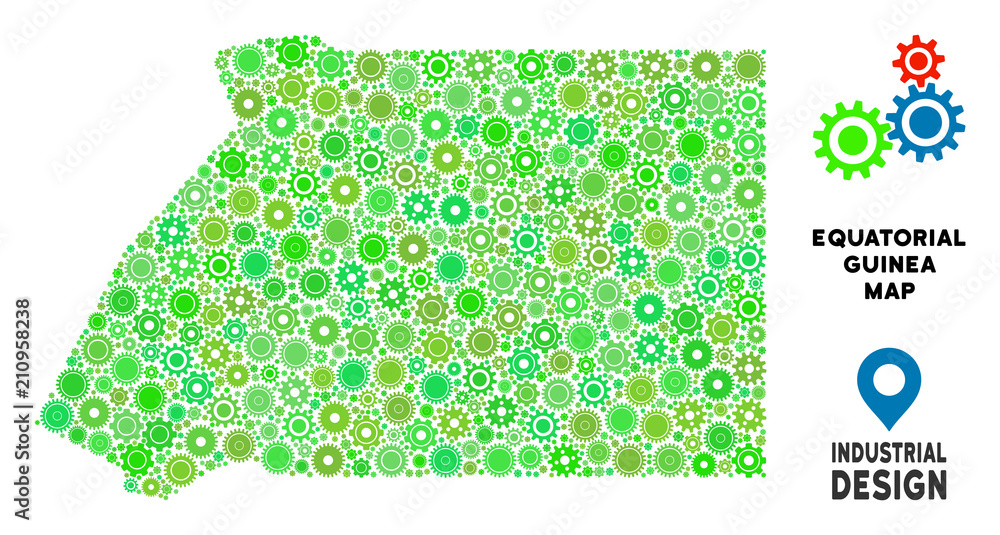 Poster gear equatorial guinea map mosaic of small wheels. abstract geographic scheme in green shades. vecto