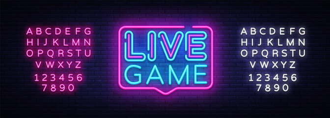 Naklejka premium Live Game neon sign vector. Live Game design template neon sign, light banner, neon signboard, nightly bright advertising, light inscription. Vector illustration. Editing text neon sign