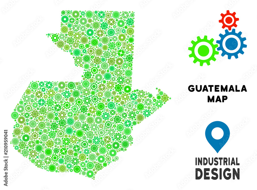 Poster gear guatemala map collage of small wheels. abstract territory scheme in green color hues. vector gu