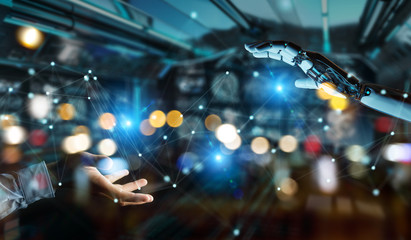 White robot hand using digital network connection 3D rendering