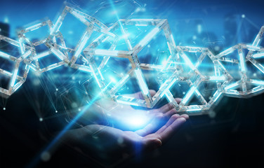 Businesswoman using digital blue Blockchain 3D rendering