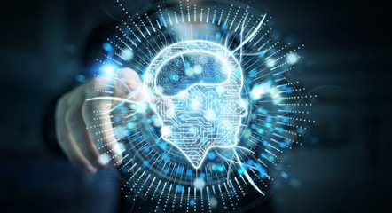 Businessman using digital artificial intelligence icon hologram 3D rendering