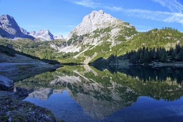 Plakat Seebensee Tirol mit Wasserspiegelung