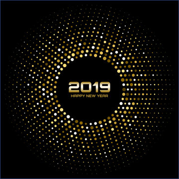 Happy New Year 2019. Gold bright disco lights. Halftone circle frame. Happy new year card background. Golden round border using halftone circle dots raster texture.