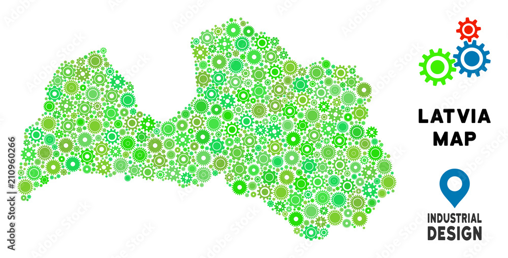 Poster gear latvia map collage of small cogwheels. abstract geographic plan in green color tints. vector la